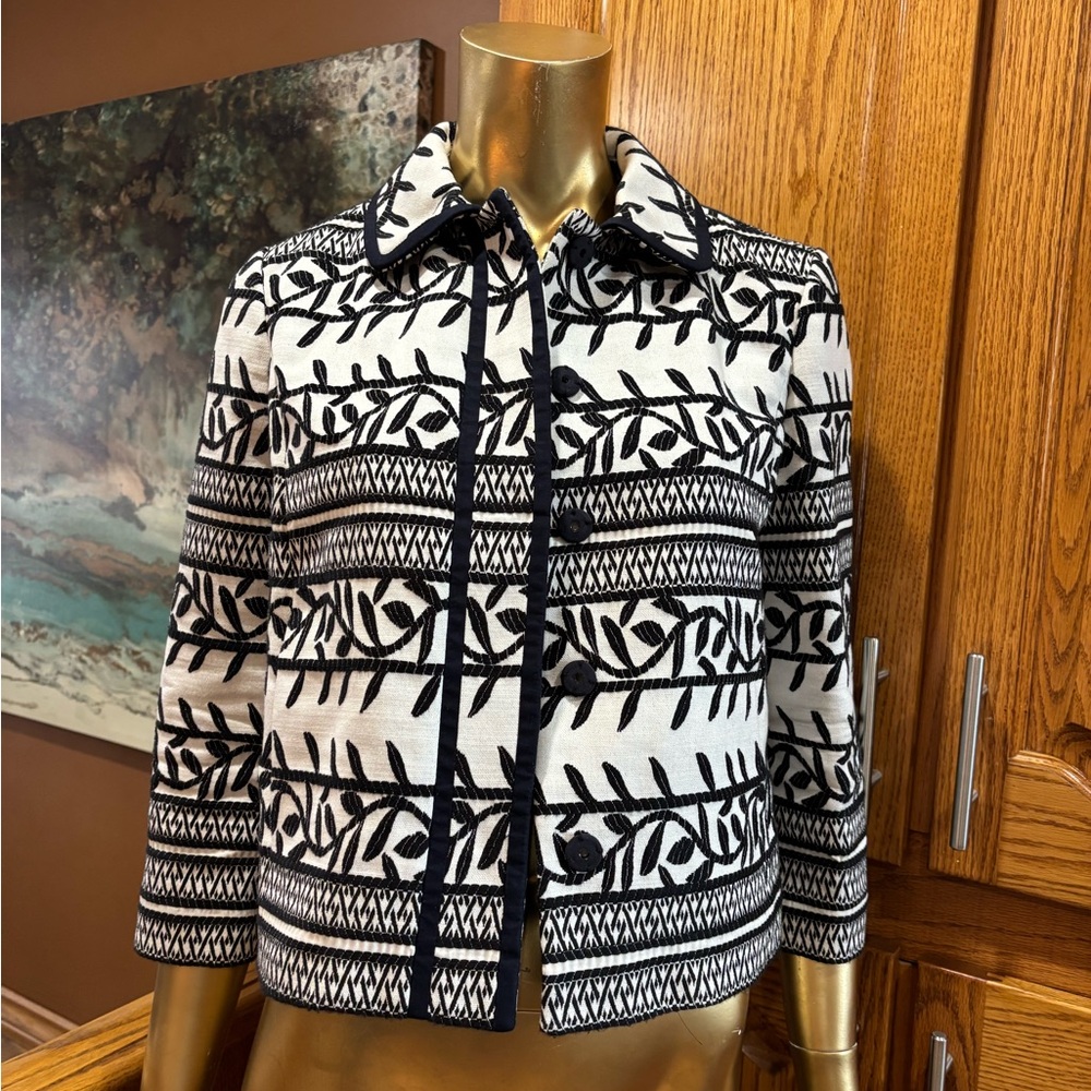 Tory Burch Black and White Embroidered Blazer